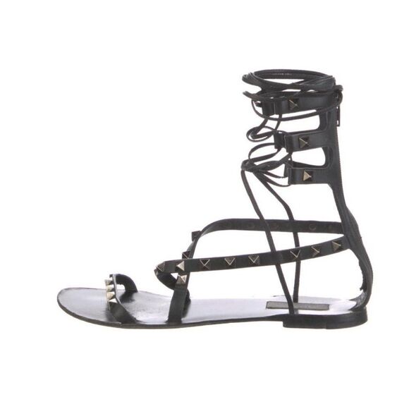 Valentino Garavani Rockstud Studded Lace Up Black Gladiator Leather Sandals 39 - Picture 1 of 10